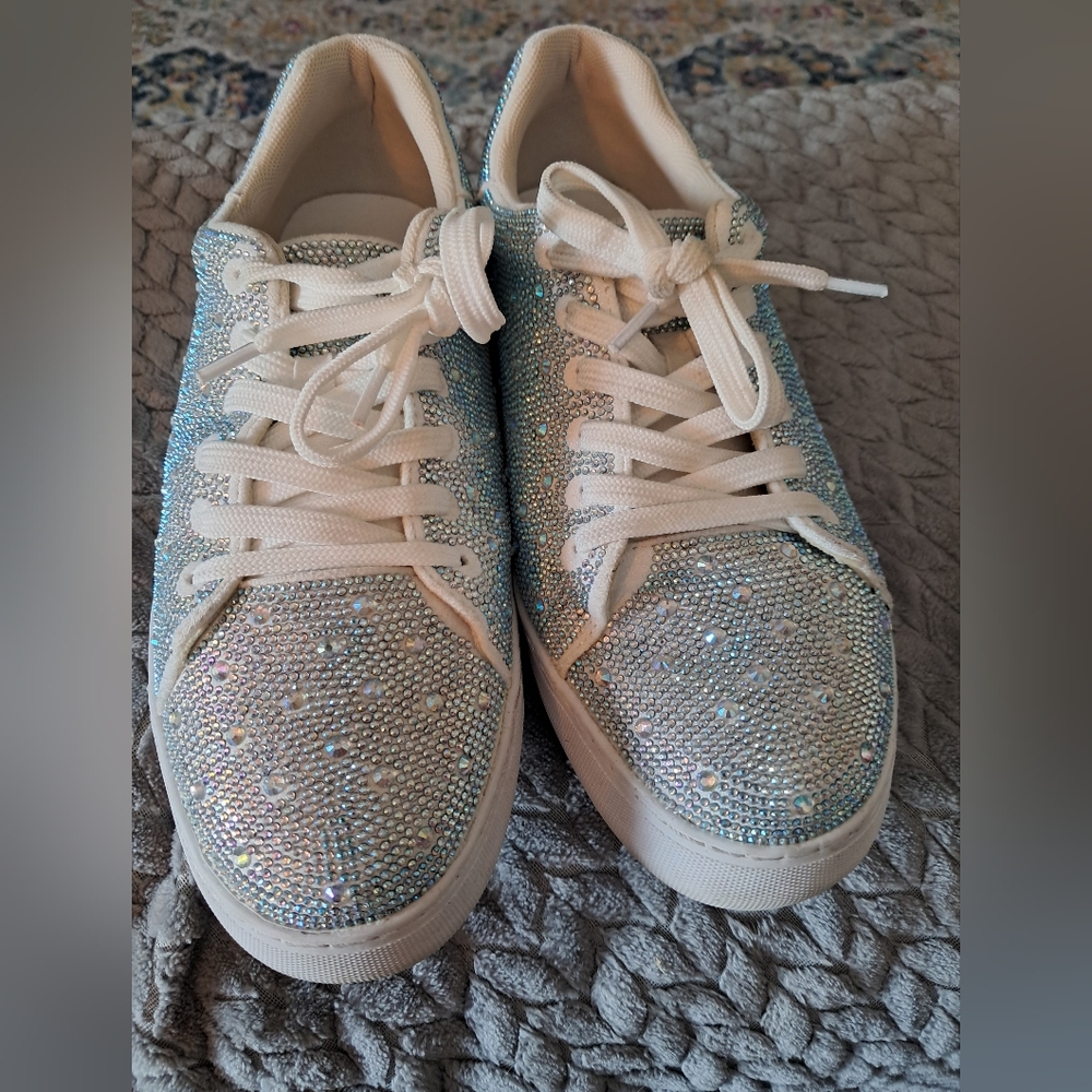 Sparkling White and Blue Women's Crystal Sneakers 8.5ww